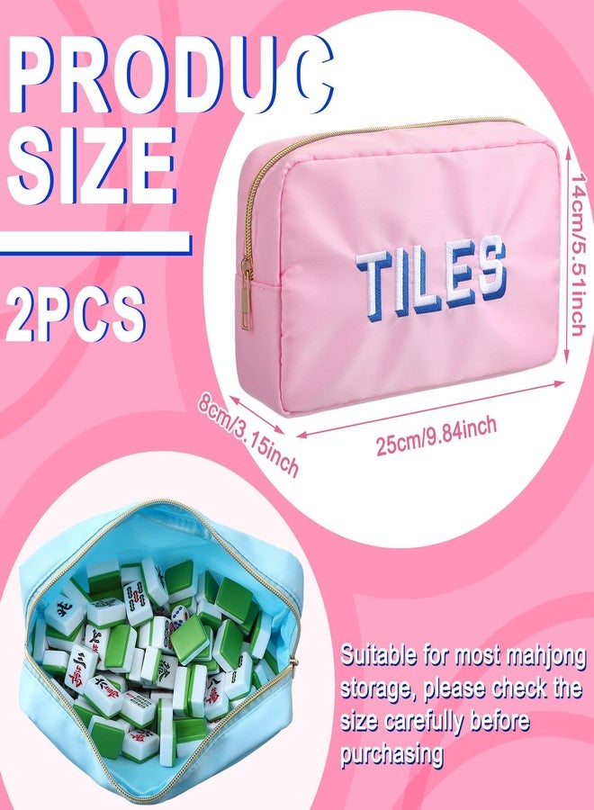 SilTriangle 2 Pcs Empty Mahjong Tile Bag American Blue Pink Mahjong Case Nylon Waterproof Zippered Storage Tile Holder Rack Bag for Game Party Gift Travel, Case Only - Image 2